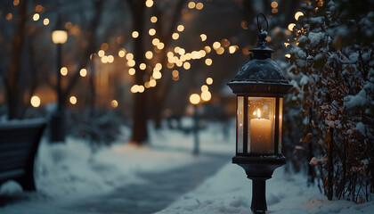 Charming Winter Night Lantern Illuminating Snow-Covered Trees with Warm Flames