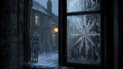Intricate frosty design on a window pane, creating a cool wintery background. Brumal. Illustration