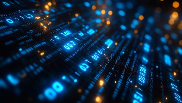 Abstract digital data flow with glowing binary code.
