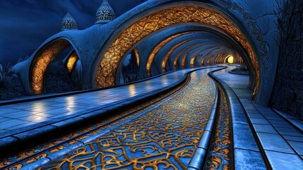Enchanted Pathway in a Mystical City Under a Starry Night Sky with Glowing Ornaments