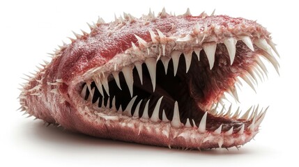 Close-up of a bizarre, spiky, red creature's head with sharp teeth, isolated on white.