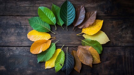 A circle of leaves in various stages of decomposition, representing the cycle of life and the changing seasons. The vibrant greens transition to yellows, oranges, and browns.