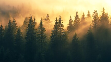 Misty forest sunrise with sun rays filtering through tall pine trees creating a serene atmosphere.