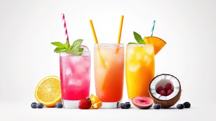 Fototapeta premium Bright clip art of summer drinks: fruit punch, mojitos with mint, iced lattes, and tropical coconut water served with straws, isolated on a clean white backdrop.
