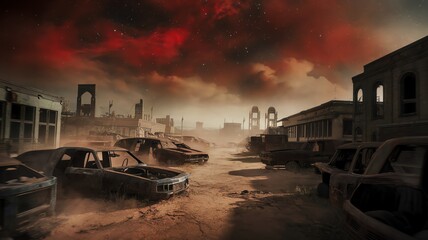 Post-apocalyptic landscape with abandoned cars under a dramatic sky.