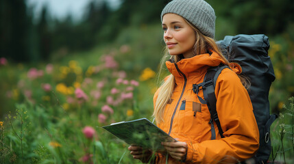 A nature enthusiast explores vibrant wildflowers, map in hand, dressed in an orange jacket and gray beanie, ready for an outdoor adventure.