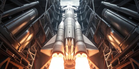 Powerful rocket launch, capturing the fiery propulsion against a backdrop of metal structures.