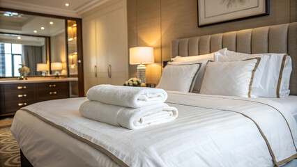 Folded towels on hotel room, bedroom with folded towels on crisp white sheets. Comfortable guest bedroom. Created with Generative AI.