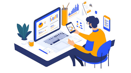 A content creator designing a digital campaign on a laptop while reviewing analytics on a smartphone, surrounded by notes and creative tools 