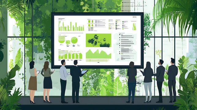 A corporate team reviewing sustainability reports on a large screen in an eco-friendly office, surrounded by charts and graphs related to environmental impact 