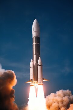 Rocket launch against blue sky, symbolizing innovation and exploration.