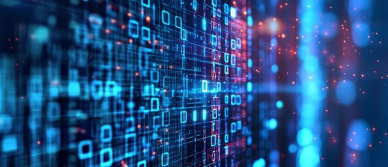 Abstract digital data visualization with binary code and glowing particles.