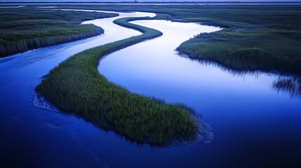 Fototapeta premium Serene blue river meanders through lush green marshland at dusk, reflecting the tranquil sky.