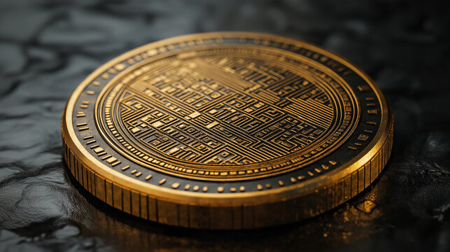 Digital Coin. A coin with binary code etched into it. Finance, logo, technology
