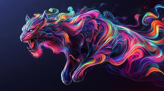 colorful and powerful mythical beast illustration on a dark background with a magical and fantasy inspired theme