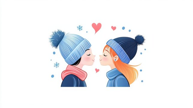 two girls kissing in winter hats clip art preview