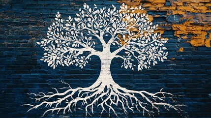 a tree in a stencil art form with interlocking roots, set against a brick wall