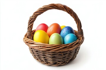 Brightly Colored Eggs in a Woven Basket Isolated on a White Background for Decorative Purposes. Generative AI