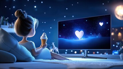 Flat vector design of a sad woman sitting on the couch at home at night, watching a romantic film on TV while eating ice cream and drinking black coffee, reflecting her loneliness.