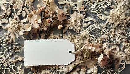 Delicate floral lace arrangement with blank tag styled background elegant decor soft lighting close-up crafting inspiration