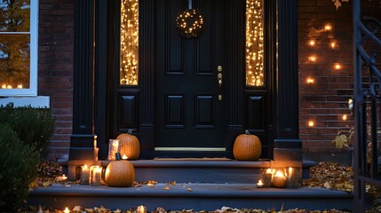 Cozy autumn evening scene at a house entrance with pumpkins, candles, and fairy lights.
