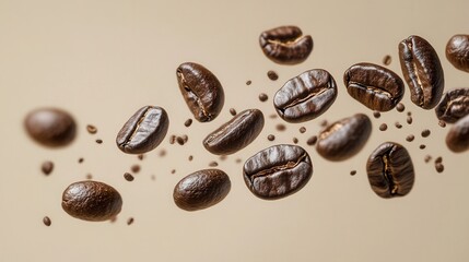 Flying coffee beans with coffee grounds on a light background. A dynamic close-up ideal for advertising, design, and coffee-related branding projects