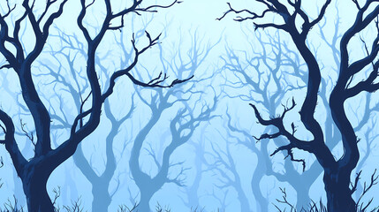 Naklejka premium Dramatic seasonal background with snow covered tree silhouettes in fog. blue winter woodland banner. Brumal. Illustration