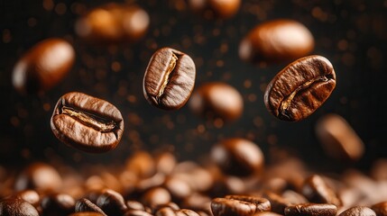 Fototapeta premium Flying coffee beans with ground coffee on a black background, a dynamic shot for advertising, packaging design, or café style. Capturing freshness, richness, and motion in one photo.