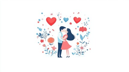 Flat vector illustration of a loving couple sharing a kiss, drawn in clean minimalistic style with smooth outlines on white background.