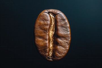 Macro photography of a coffee bean on a black background with detailed texture and shine, perfect for coffee advertising, packaging design, branding, minimalist, and modern projects.