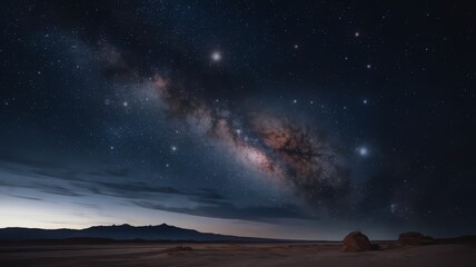 Fototapeta premium Starry night sky with Milky Way galaxy over desert landscape.
