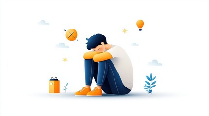 Flat vector illustration of a sad young man sitting alone on the ground, arms around knees, depicting emotional pain and mental health issues. Simple, clean design on a white backdrop.