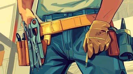Craftsman's tool belt with various tools and gloves.