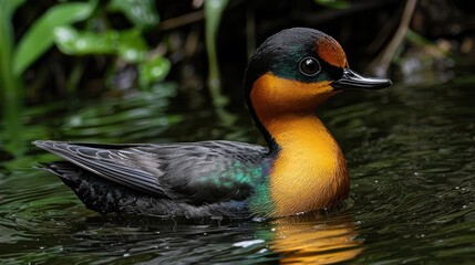 Obraz premium A vibrant orange-chested duck swims in dark water, surrounded by lush green foliage.