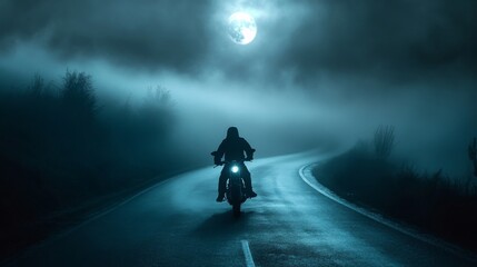 Lone motorcyclist riding at night on a foggy road under a full moon.
