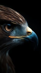 A majestic eagle showcasing its detailed feathers and piercing gaze against a dark background.