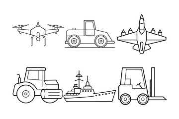  A set of Vehicles line art vector illustration 