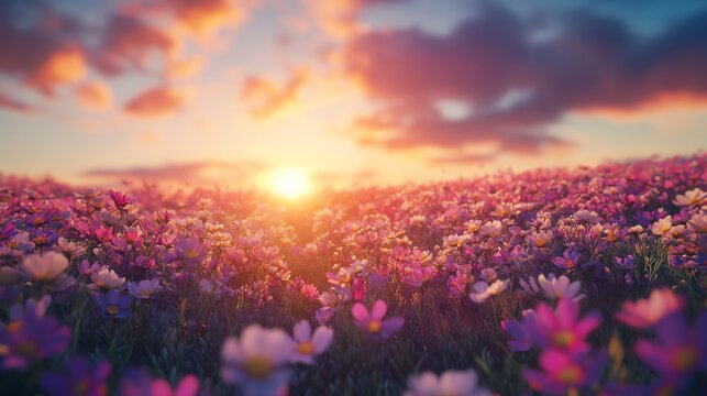 Vibrant sunset over a colorful field of wildflowers, creating a serene and dreamy atmosphere.