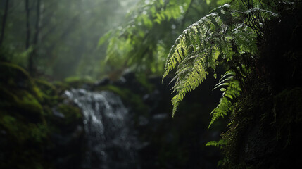 Fototapeta premium Lush ferns beside a tranquil stream in a dense forest during early morning. 