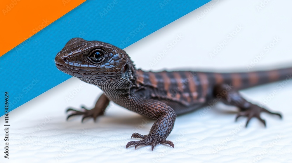 Poster a vibrant lizard with striking patterns rests on a textured surface, showcasing its unique colors ag
