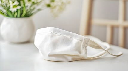 Protective face mask on table home interior still life minimalist design close-up health awareness