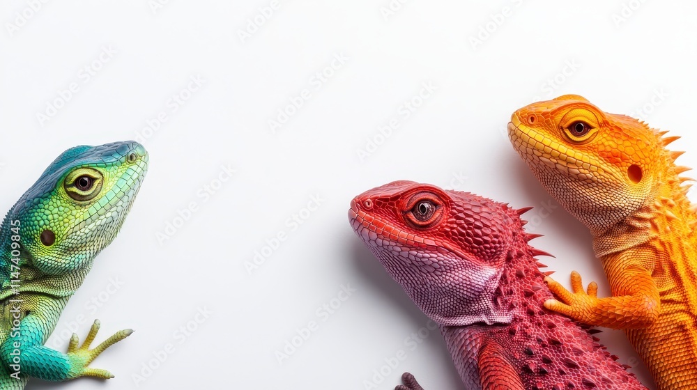 Poster three colorful lizards in vibrant hues, facing each other, showcasing their unique patterns and text