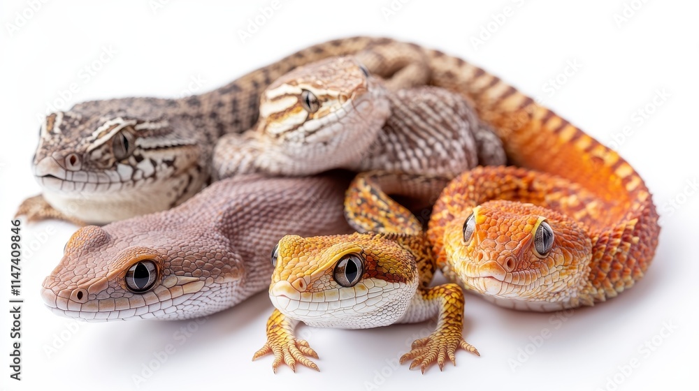 Poster a close-up of four colorful lizards, showcasing their unique patterns and textures, arranged playful