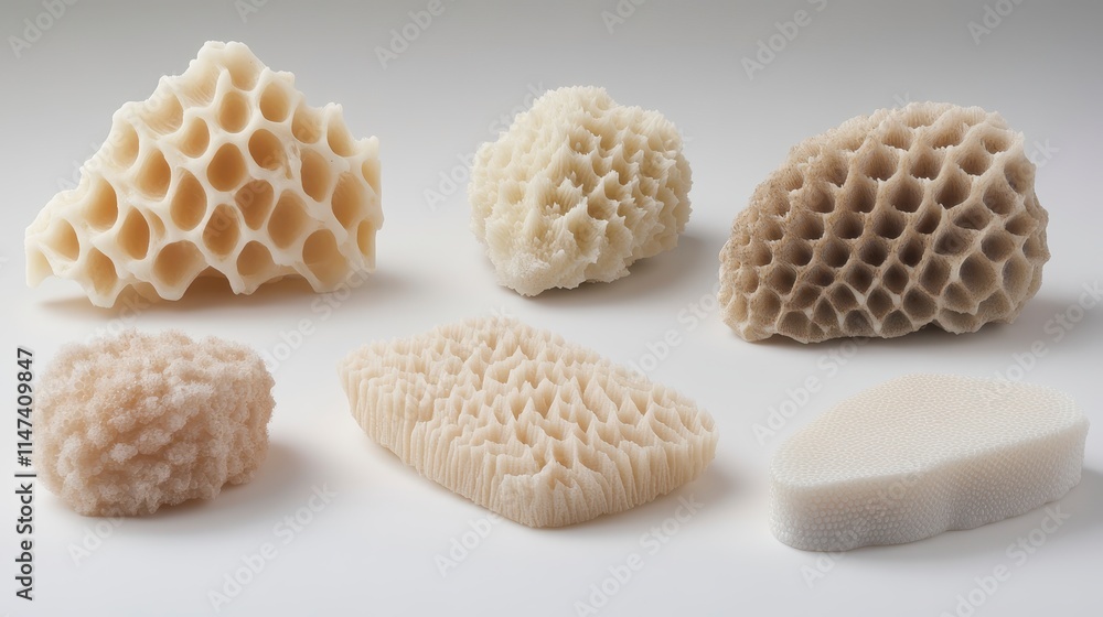Poster a collection of various coral structures showcasing unique textures and shapes, highlighting the bea