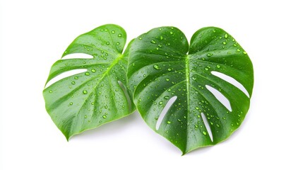 Two vibrant green monstera leaves with water droplets, showcasing their unique split patterns against a clean white background.