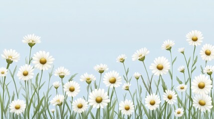 A serene field of daisies sways gently in the breeze against a soft blue sky, creating a peaceful and vibrant natural scene.