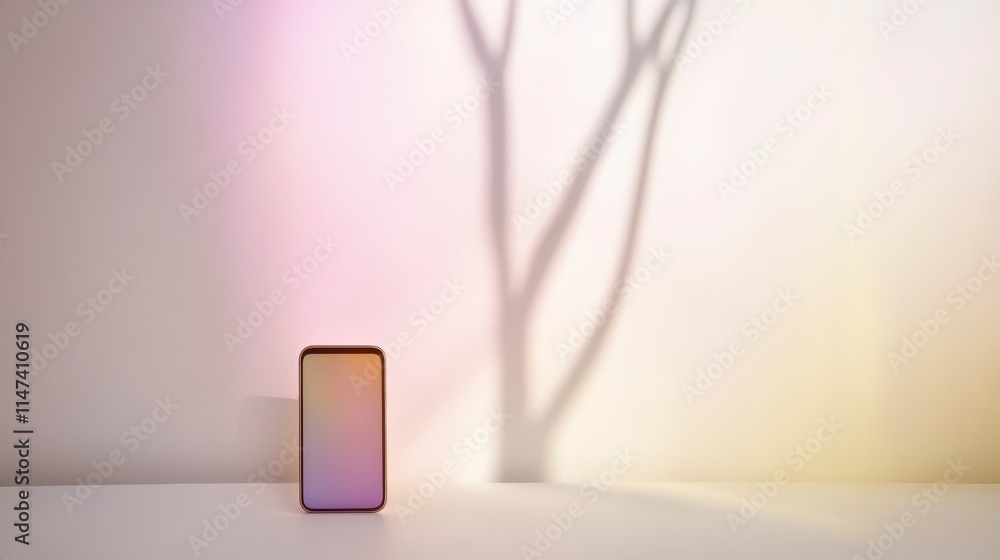 Poster a smartphone stands on a minimalistic surface, casting a shadow resembling a tree against a softly l