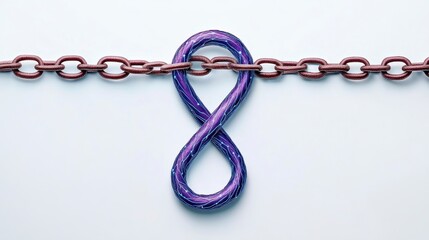 A vibrant purple infinity symbol linked within a chain, representing continuity and connection against a light background.