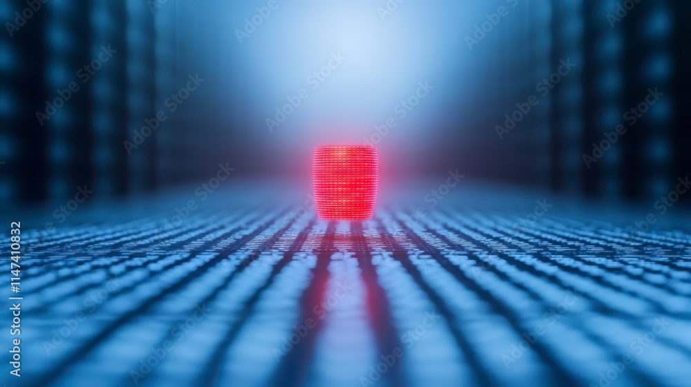 Poster a glowing red cube stands out in a digital landscape, illuminated against a backdrop of blue, symbol