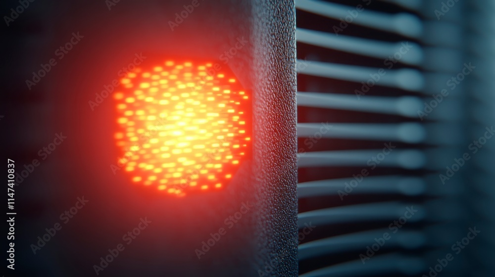 Poster A glowing red light illuminates a textured surface, creating a striking visual contrast with a series of vertical lines.